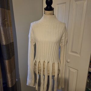 Fashion Nova Cream Ribbed Fringe Turtleneck Sweater